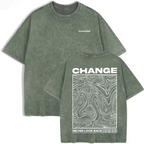 "CHANGE" Topographic Line Art Print Vintage Washed Beige Casual Graphic T Shirt
