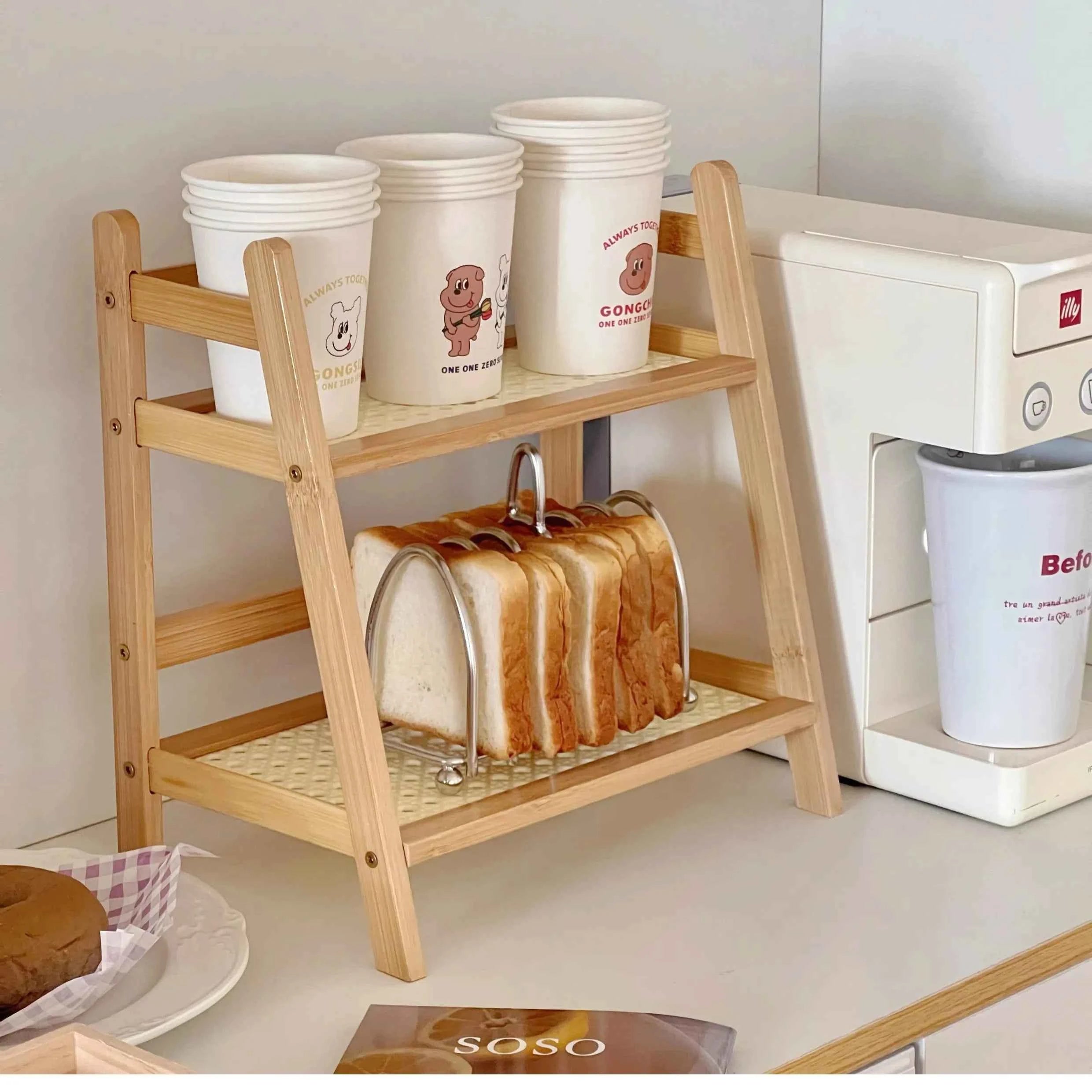 Wooden Storage Shelf for Kitchen Rattan Desktop Organizer Display Rack Spice Rack for Countertop Makeup Organizer for vanity