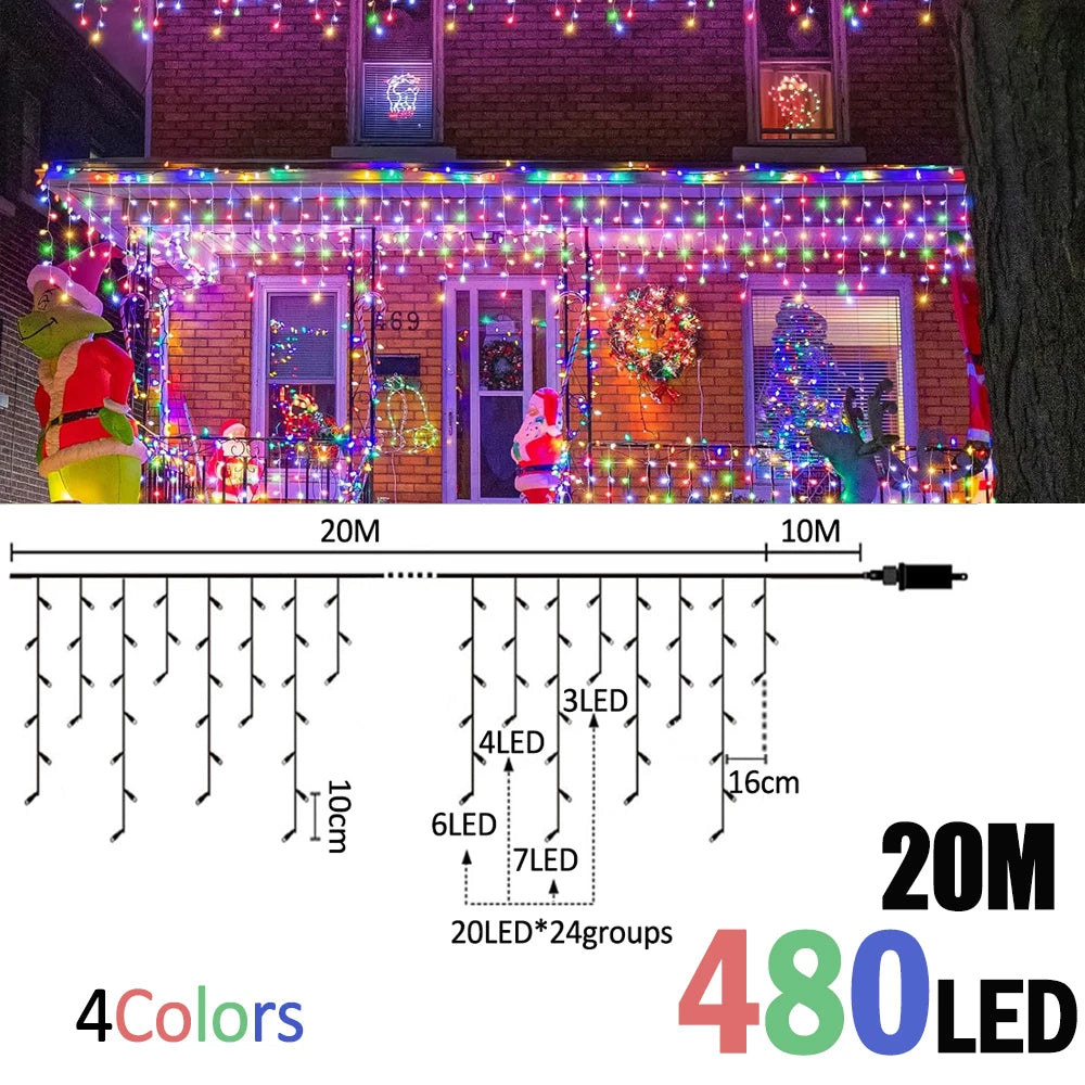 6.5200LED/20M480LED Icicle String Lights Christmas 40Drops 8 Modes, Plug in Curtain Waterproof for Holiday Wedding Party Garden