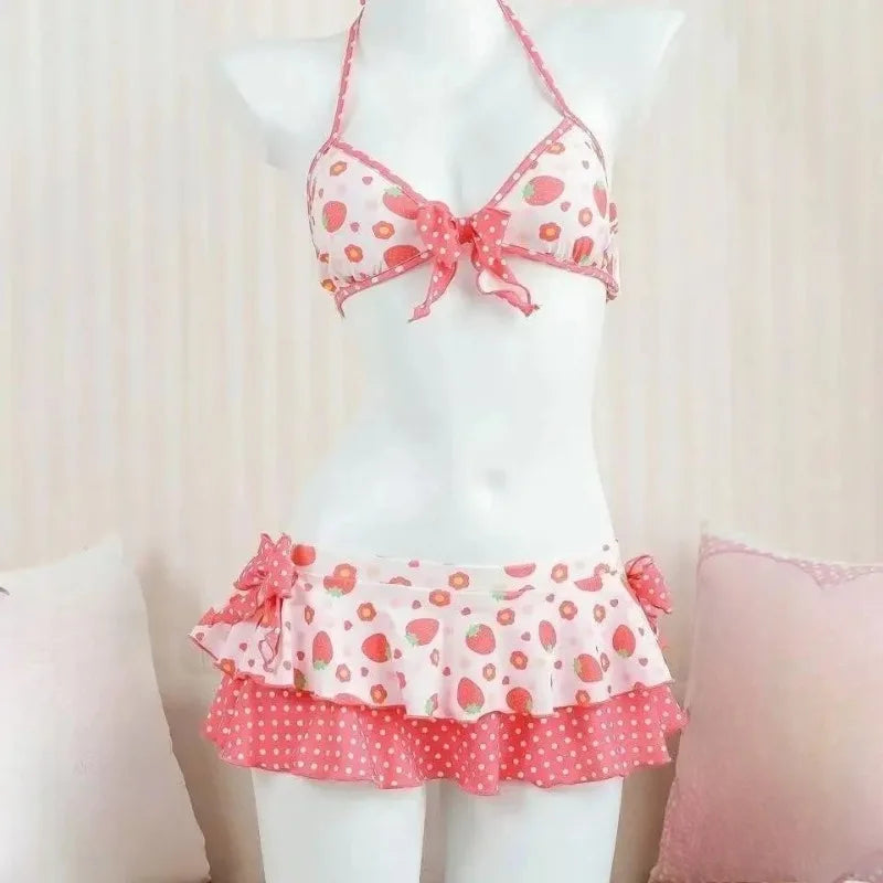 Women Y2k Sweet Bikini Set Japanese Kawaii Print Ruffles Lolita Swimsuit Crop Top + Skirt Two Piece Swimwear Beach Wear
