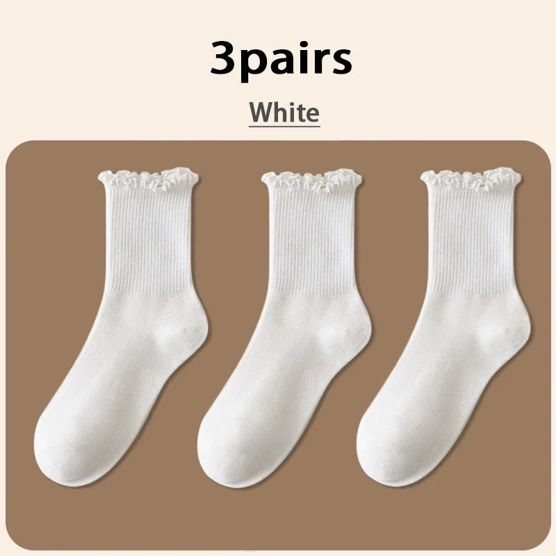 Harajuku Ruffle Socks Women Girls Sweet Cotton Middle Tube Black White Socks Jk Lolita Soft Breathable Ankle Loose Short Sock