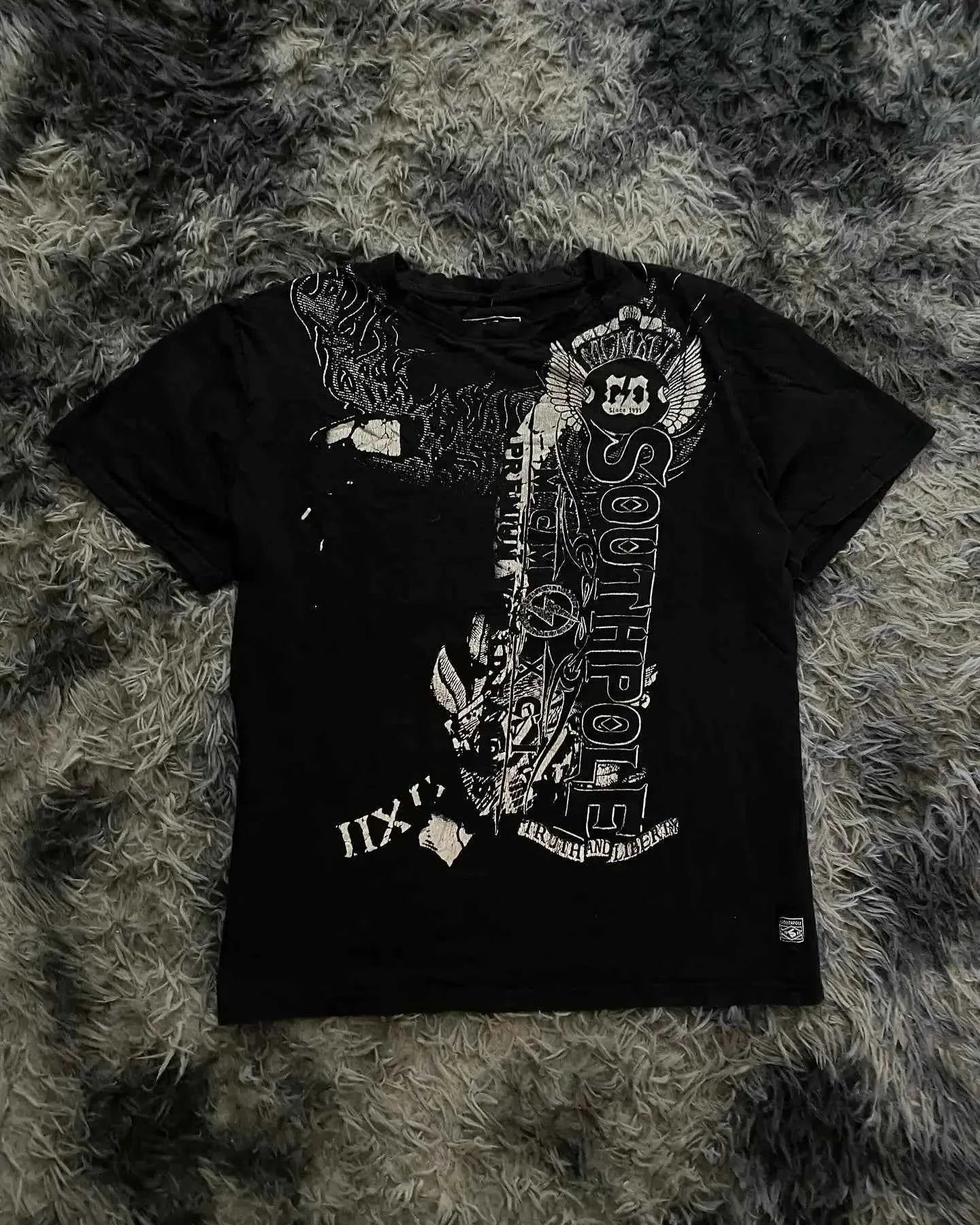 Southpole Y2K Vintage Cotton Graphic Tee Distressed Oversized Unisex T-Shirt with Gothic Print Streetwear Retro Soft Shirt Man
