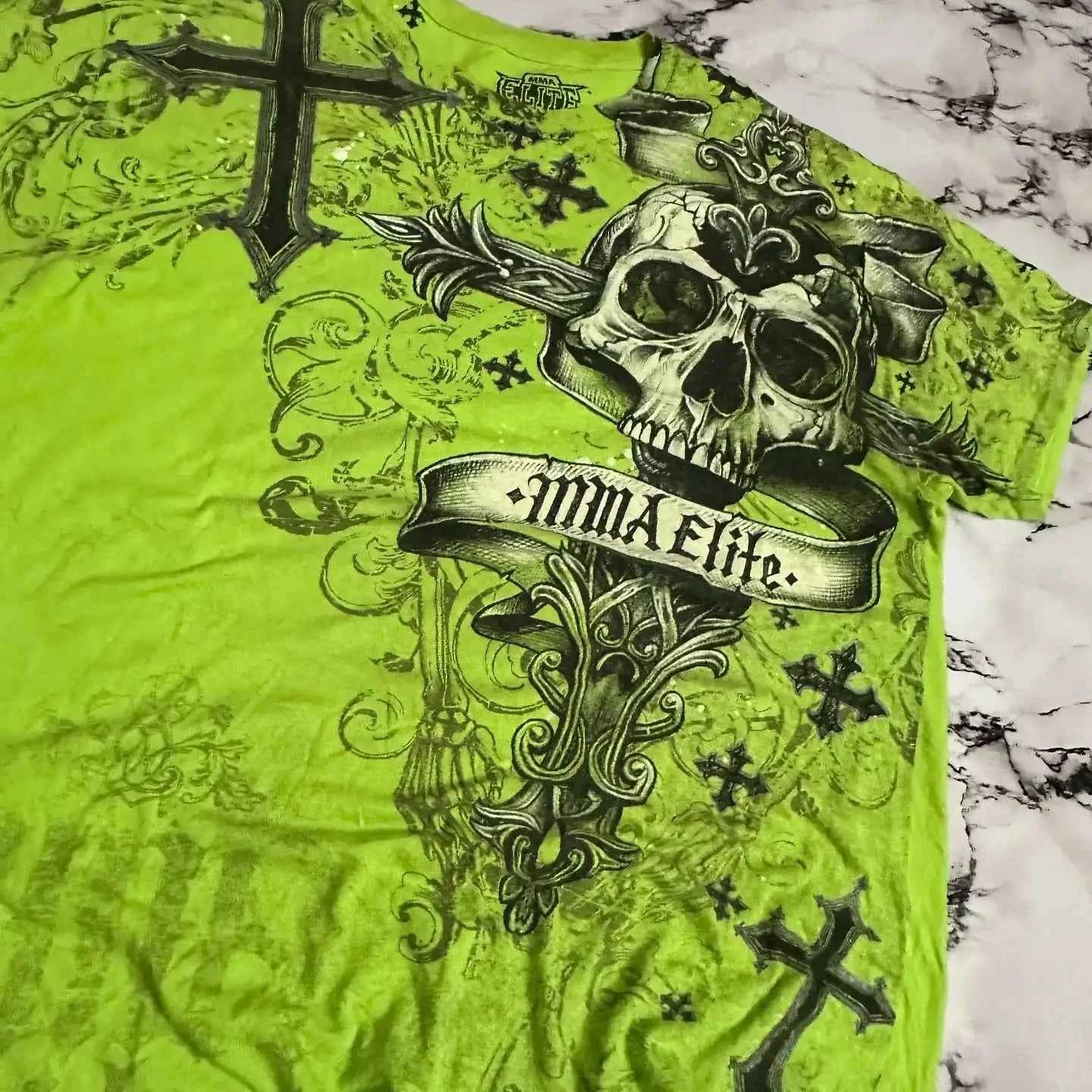 MMA ELITE Cross Skull Print Green Y2K T Shirt Men Loose Fit Streetwear Graphic Tee Oversized Glow Dark Party Ins Popularity Tops