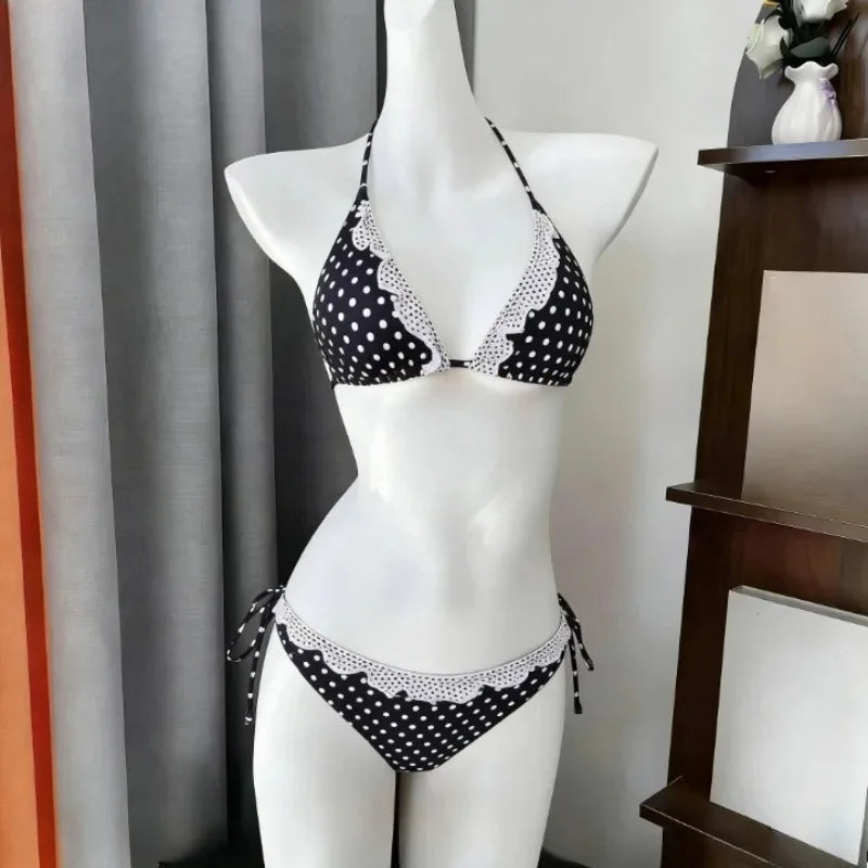 Women Y2k Sweet Bikini Set Japanese Kawaii Print Ruffles Lolita Swimsuit Crop Top + Skirt Two Piece Swimwear Beach Wear