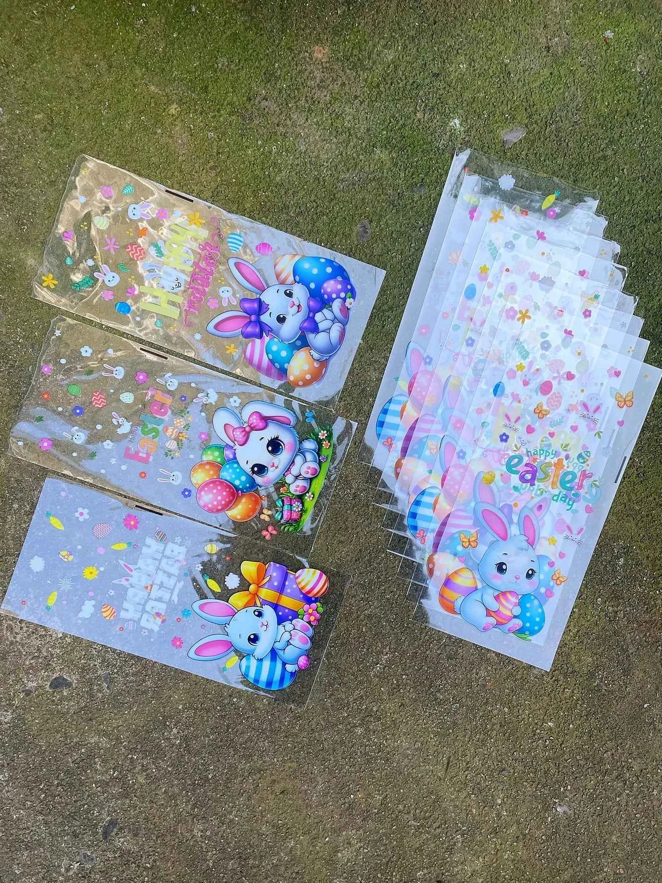 50pcs Cute Little Rabbit Easter Egg Pattern Gift Flat Bags With Golden Tie, Colorful Balloon Happy Easter Printed Gift Decor Bag