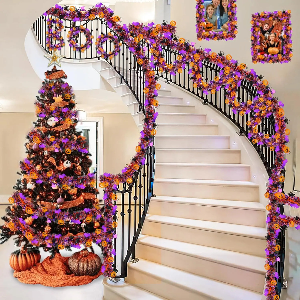 2m Halloween Tinsel Garland with Pumpkin Spider Bat Shiny Metallic Twist Garland for Home Tree Indoor Outdoor Party Decorations