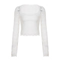 SUCHCUTE Lace-trimmed Patchwork Long-sleeve Tees Women Square Neck See-through Back Top Y2k Aesthetic 90s Sexy T-shirts Vintage