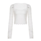 SUCHCUTE Lace-trimmed Patchwork Long-sleeve Tees Women Square Neck See-through Back Top Y2k Aesthetic 90s Sexy T-shirts Vintage