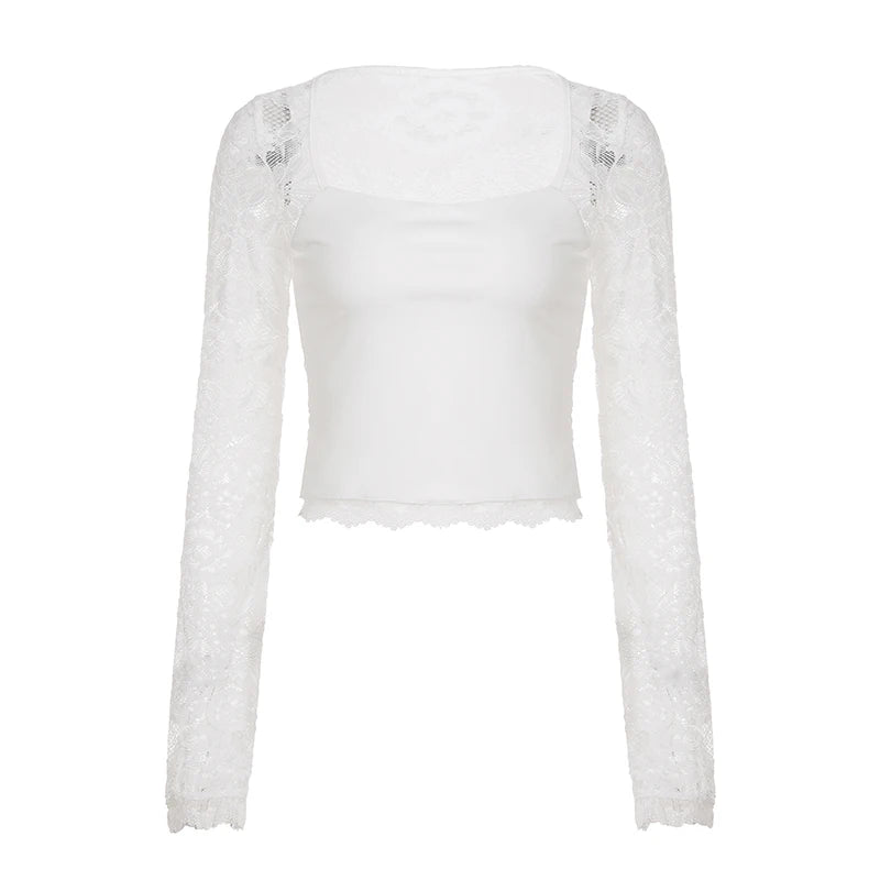 SUCHCUTE Lace-trimmed Patchwork Long-sleeve Tees Women Square Neck See-through Back Top Y2k Aesthetic 90s Sexy T-shirts Vintage