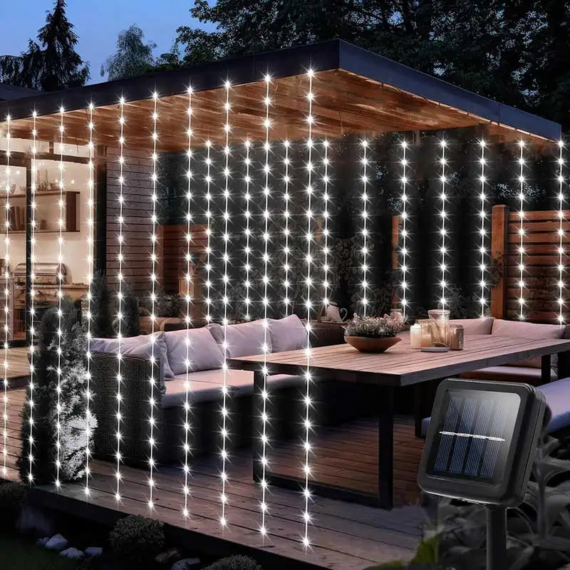 LED Solar Courtyard Curtain Lights Outdoor Waterproof Fairy String Lights With 8 Modes for Garden Window Bedroom Wedding