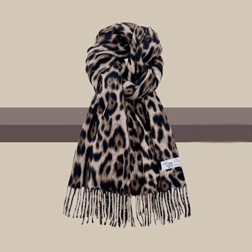 Korean Leopard Tassels Shawl Imitation Cashmere Thickened Foulard Pashmina Hijabs Windproof Lady Scarves Wraps for Women Man