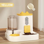 Pet feeding and water station with yellow accents on a wooden floor.