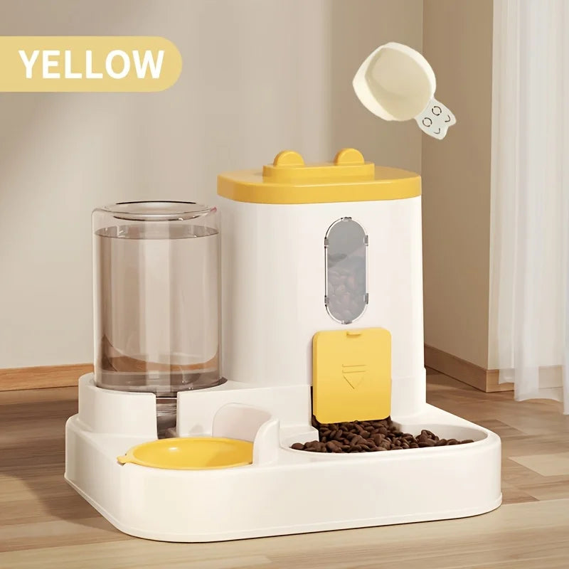 Pet feeding and water station with yellow accents on a wooden floor.
