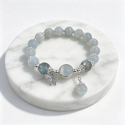 Dainty Blue Cats Eye Beaded Bracelet, Cute Butterfly Charm Elastic Hand Chain, Moonlight Opalite Stone Jewelry, Graduation Birthday Gift for Best Friend Teen