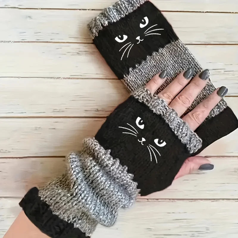 Thermal Winter Gloves Warm Cute Cat Fingerless Gloves Halloween Christmas Unisex Anti-Cold Thickened Touchscreen Mittens