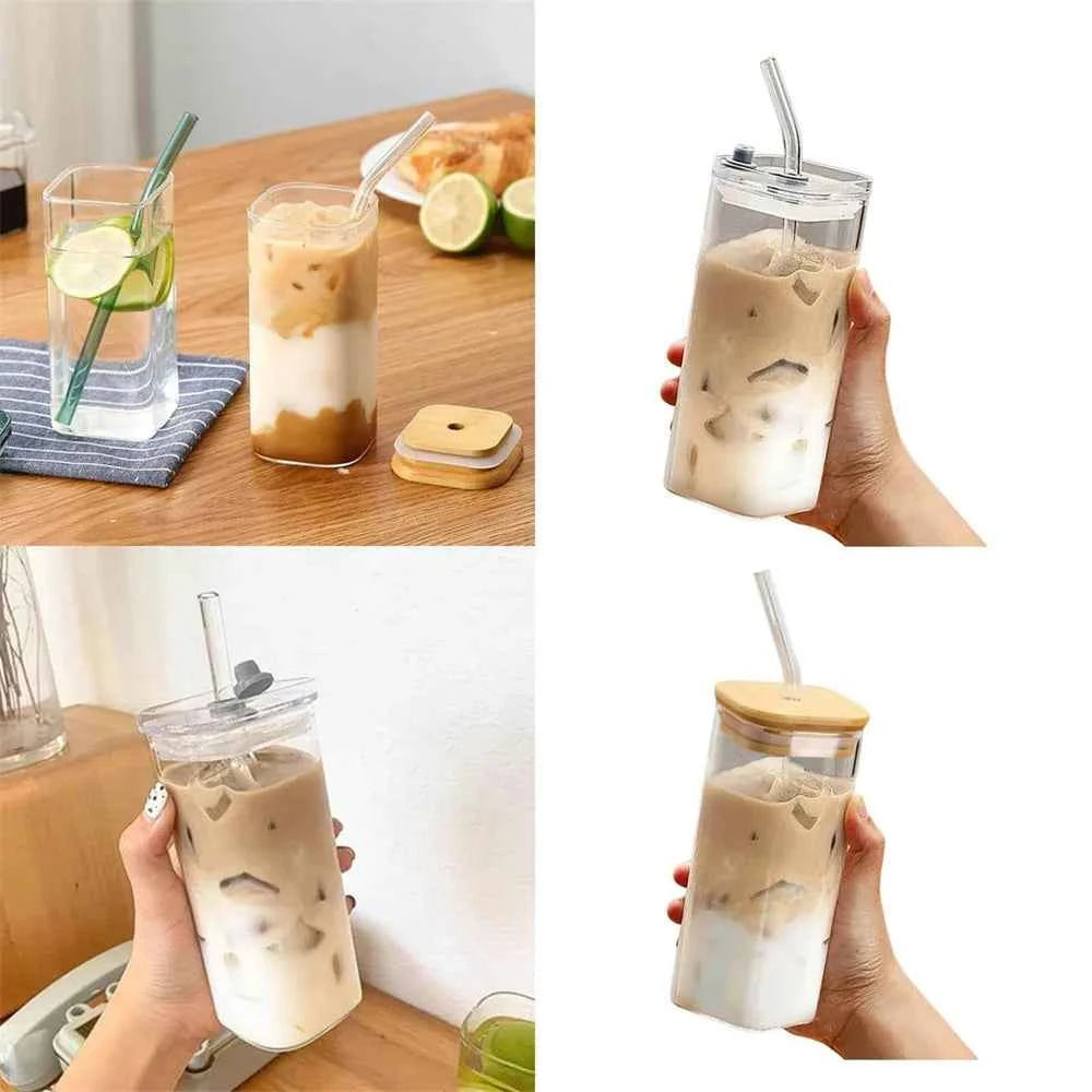 Square Heat Resistant Coffee Glass Cup With Lid and Straw 1pc Heat Resistant Glass Cup For Milk Tea Juice Iced Coffee & Smoothie