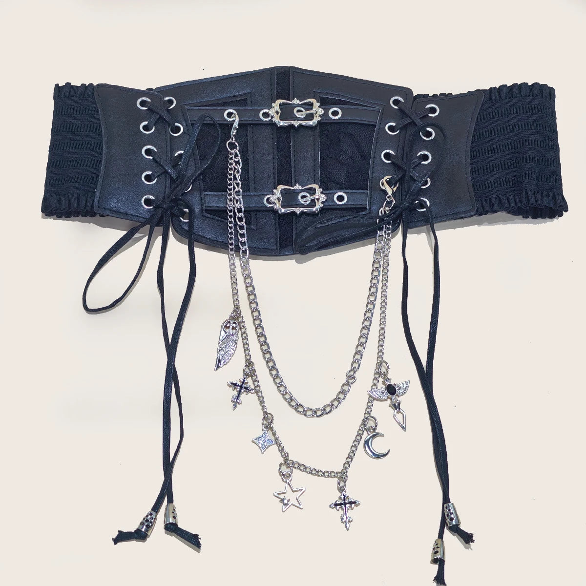 Lace Corset Punk Black Wide Belt With Chain Pu Leather Slimming Body Belts for Women Elastic High Waist Belt Female Cummerbunds