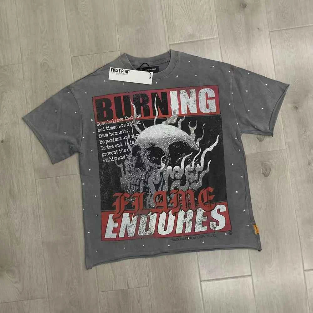 Streetwear Vintage Washed Diamond Cropped Tee for Men Crew Neck Short Sleeve Loose Cotton Rhineston Tshirts Oversized
