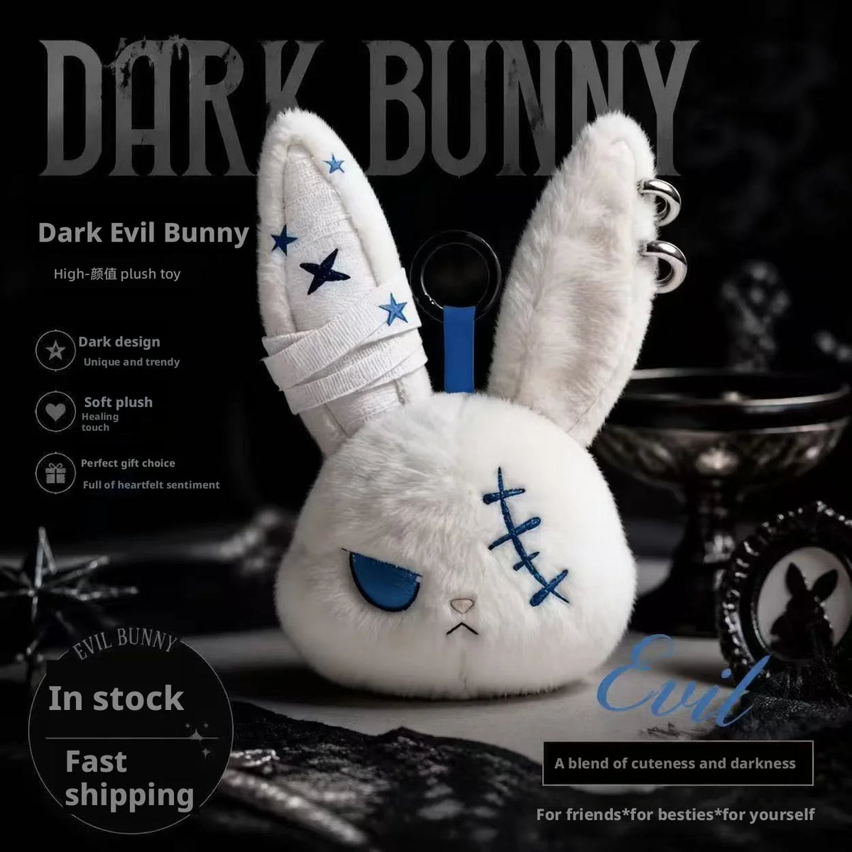 Gothic Bunny Plush Keychain RabbitBag Charm with Bandage Desian Kawaii Key Ring Pendant Car Bag Ornament Gift To
