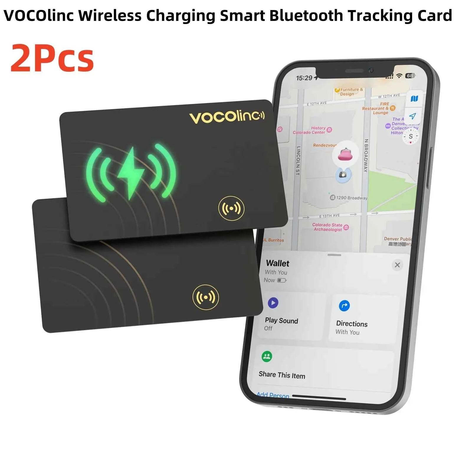1/2Pcs VOCOlinc Wireless Charging Bluetooth Tracking Card,Global locator, Smart Tag, Item Finder, Use with Find My (IOS Only)