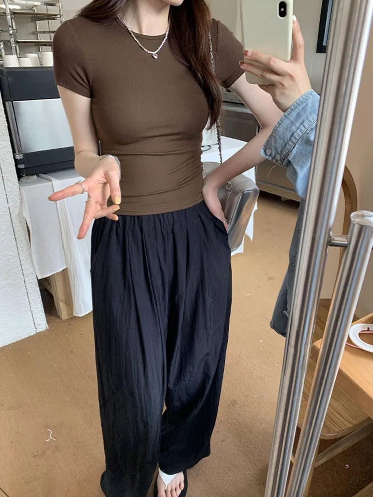 Basic Solid Crop Top Short Sleeve Crewneck Skinny T-shirt Summer Casual Tee for Women Y2K Vintage Top Harajuku Streetwear