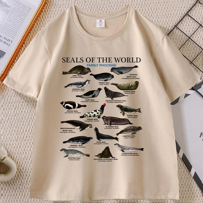 Seal Tshirt Y2k Seals of The World T-shirt 90s Retro Tee Crewneck Animal Tshirt Casual Loose Cotton Short Sleeve Print Clothes