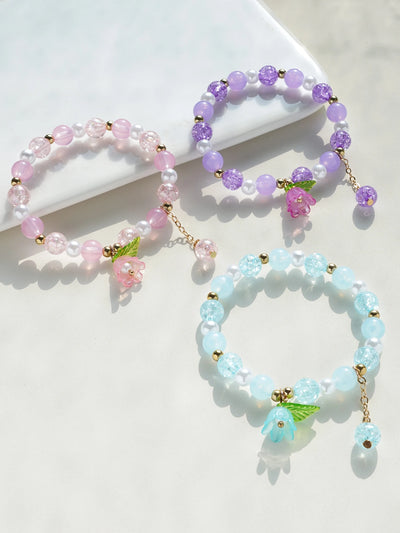 3Pcs/set Lily of the Valley Bellflower Charm Bracelet Set, Colorful Bead Elastic Bracelets with Flower Pendant for Girls