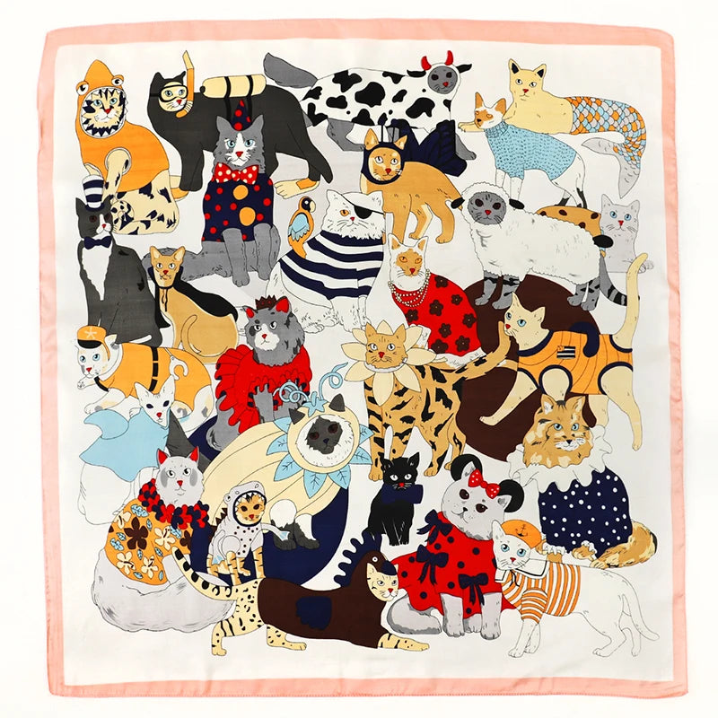 2025 Silk Shawl Print Headscarf Cat Hair Wrap Neckerchief Female Satin Square Scarf For Women Headband Foulard Hijab Bandana