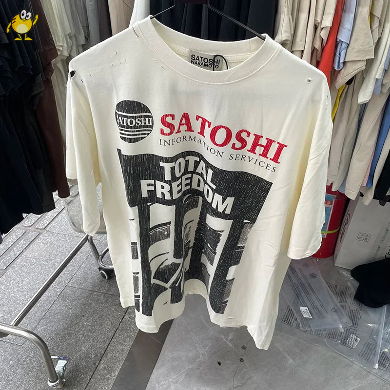 Summer Streetwear Satoshi Nakamoto T Shirt Men Woman Fashion Vintage Print Short Sleeve Washed Damaged Hole Old  Top Tee