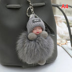 Sleeping Baby Pompom Plush Keychain Cute Fluffy Bag Charm