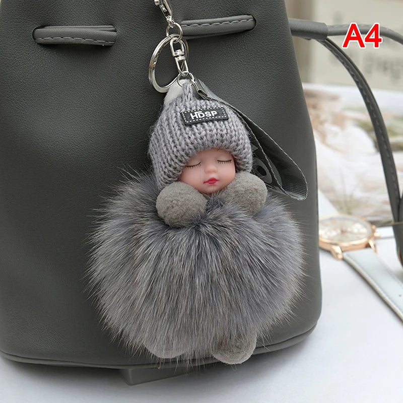 Sleeping Baby Pompom Plush Keychain Cute Fluffy Bag Charm