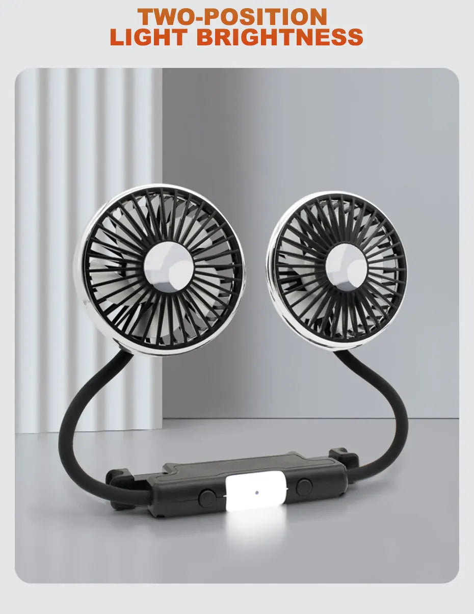 SEAMETAL Car USB Fan Dual Head Cooling Air Fan Independent Switch 3-Speed 360 Degree Adjustable Auto Headrest Fan for Rear Seat