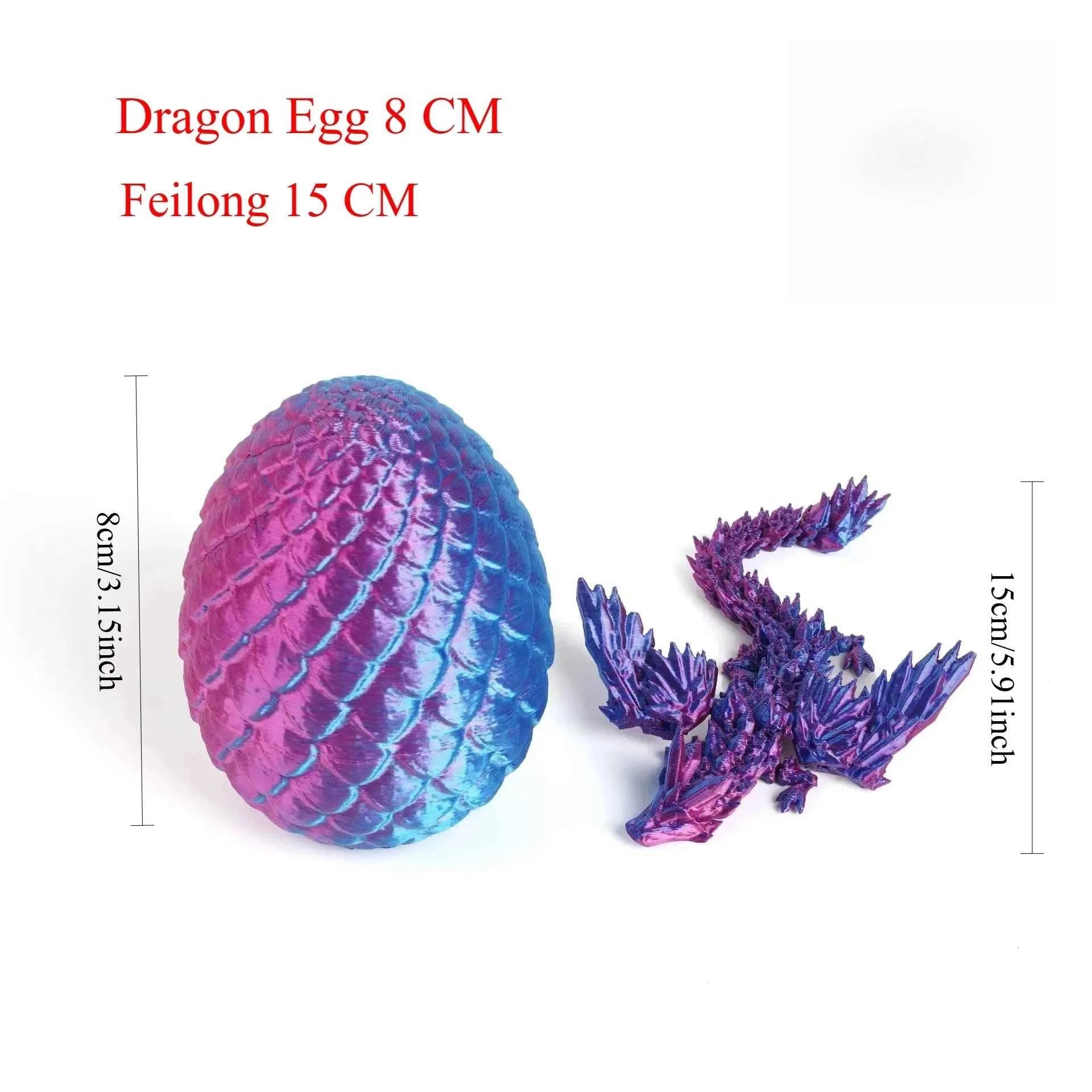Colorful gemstone 3D-printed dragon egg figurine with wings and egg shape, featuring flexible joints and handcrafted desktop dec