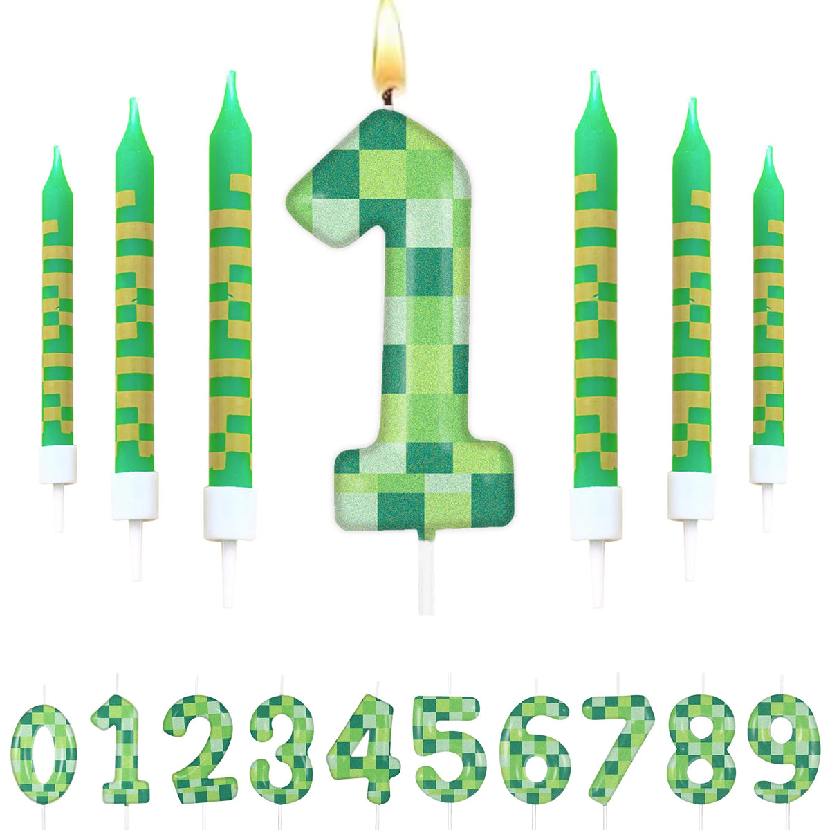 7pcs Green My World Candle Birthday Party Pixel Theme Birthday Party Video Game Party Decoration 0-9 Cake Top Digital Candles