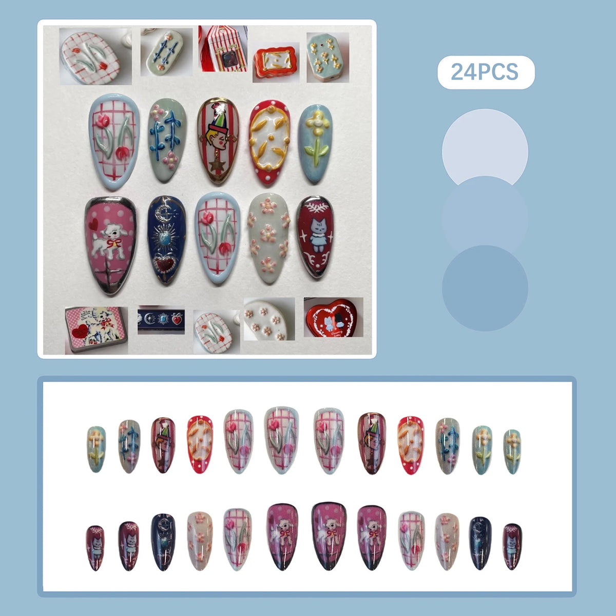 24pcs Gradient Black False Nails Cute Cartoon Cat's Eye Forest Elf Girl Press On Nails Glossy Almond Sweet Cool Fake Nail Tips