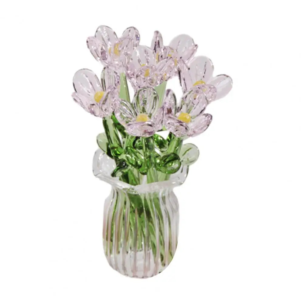 Glass Flower Decor Handcrafted Floral Sculpture Hand-blown Glass Flower Bouquet with Vase Mini Floral Decoration for Home Room