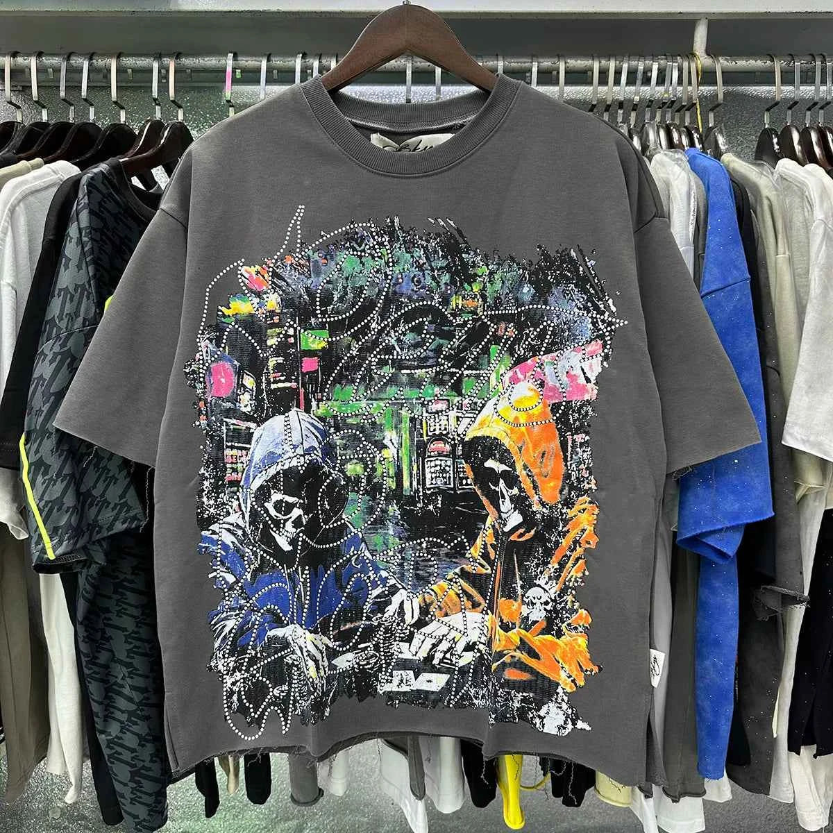 Shinning Bling Diamond Short Sleeve Cropped T-shirt for Men and Women Crew Neck Rhinestone Loose Cotton Summer Tshirts Oversized
