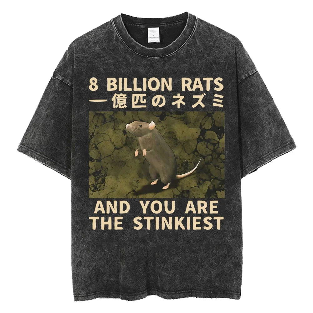 Creepy Cute Animal Graphic T-Shirts Vintage Washed Black Tees Funny Horror & Relatable Quotes Perfect for Anime Fans Streetwear