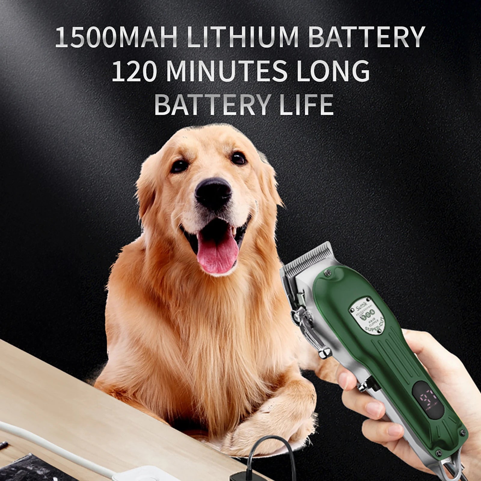 Dog grooming clipper with a dog and text about battery life on a black background