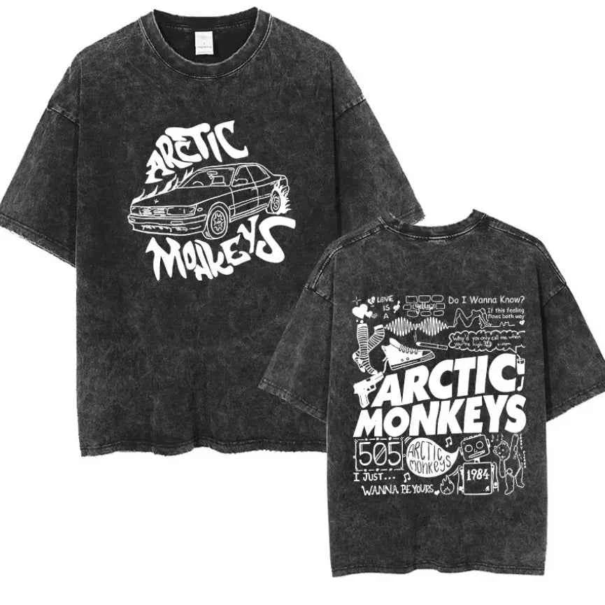 Retro Rock Arctic Monkeys Music Album Graphic T-Shrit Men's Vintage Washed Oversized Short Sleeve T Shirt Y2k Hip Hop Streetwear