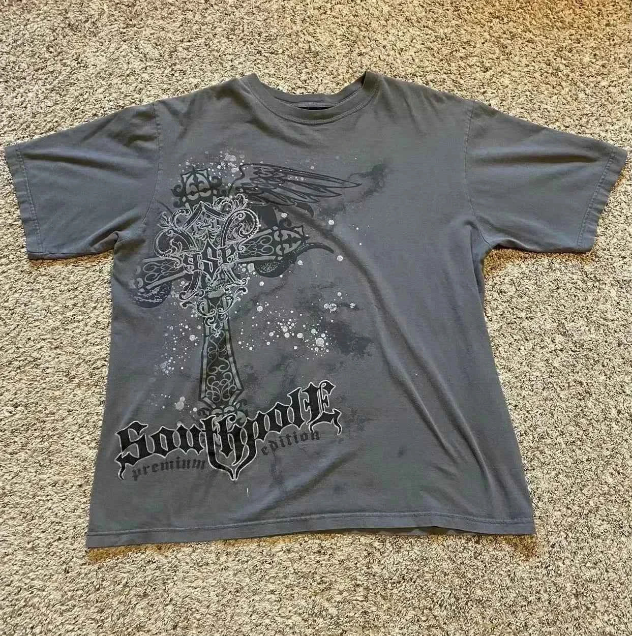 Southpole Y2K Vintage Cotton Graphic Tee Distressed Oversized Unisex T-Shirt with Gothic Print Streetwear Retro Soft Shirt Man