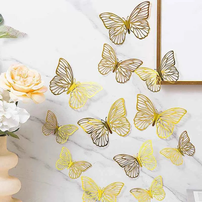 48pcs 3D Butterfly Wall Decor 4 Styles 3 Sizes, Gold Butterfly Decorations for Butterfly Birthday Party Cake Room Decorations