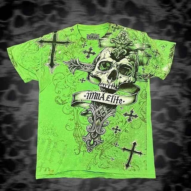 MMA ELITE Cross Skull Print Green Y2K T Shirt Men Loose Fit Streetwear Graphic Tee Oversized Glow Dark Party Ins Popularity Tops