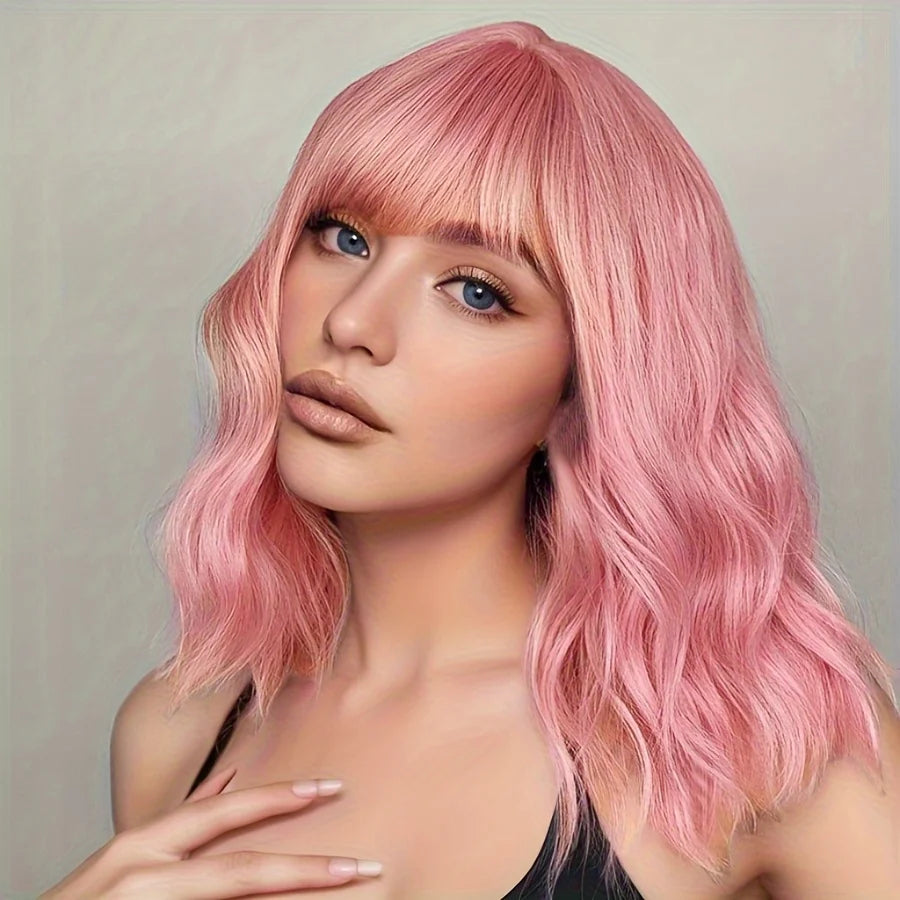 Short Wet and Wavy Scalp Top Full Machine Synthetic Wigs Pink 12inch 180% Density (12inch 180% Density, Pink Color)
