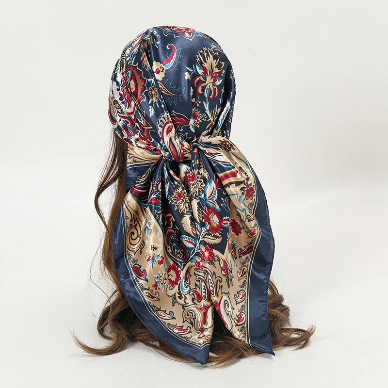 Satin Square Scarf Women Muslim Hijab Elegant 2025 Print Silk Neckerchief Shawl Wraps Headband Handle Hair Accessories Bandana