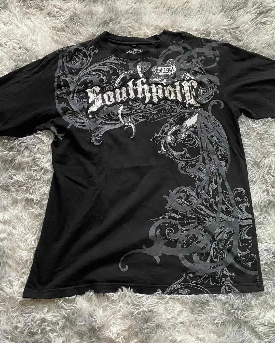 Southpole Y2K Vintage Cotton Graphic Tee Distressed Oversized Unisex T-Shirt with Gothic Print Streetwear Retro Soft Shirt Man