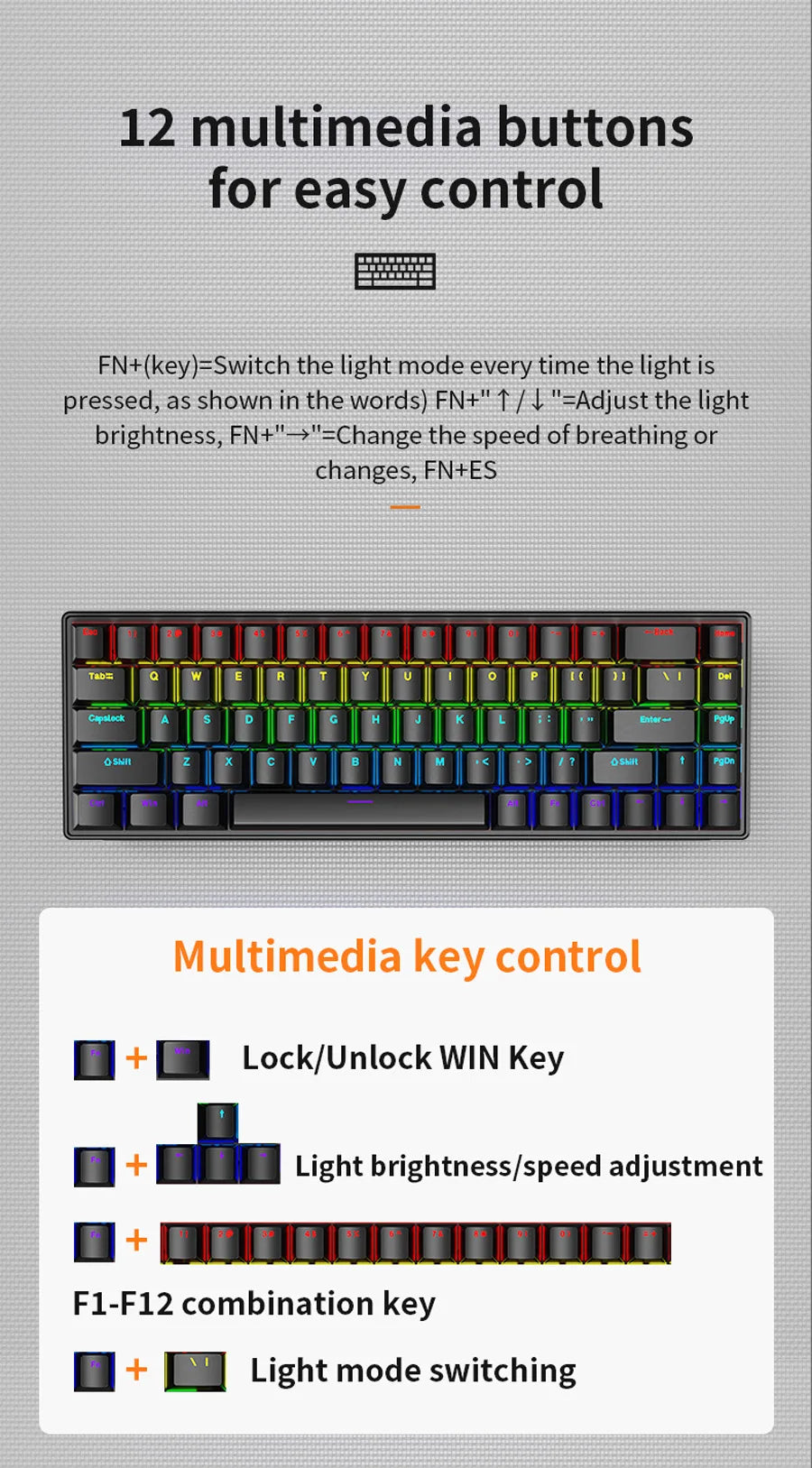 K68 Wired Mechanical Keyboard 10Kinds of Colorful Lighting Gaming and Office For Microsoft Windows and Apple IOS System