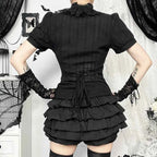 Sweet Lolita Cotton Shirts Women Vintage Gothic Black White Jacquard Short Sleeve Blouses Elegant Office Lady Y2k Tops