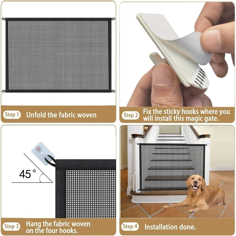 Pet Dog Safety Barrier Fence – Folding Mesh Gate with 4 Hooks for Stairs & Doorways
