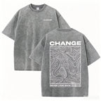 "CHANGE" Topographic Line Art Print Vintage Washed Beige Casual Graphic T Shirt